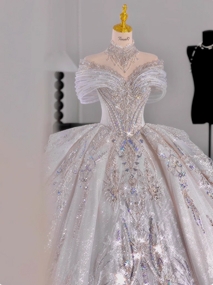 White princess French style high-end texture heavy luxury floor-length wedding dress P2485