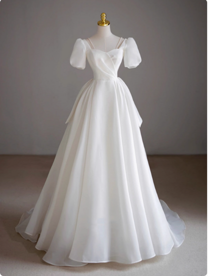 White short-sleeved A-line tulle tie French simple light wedding dress P2496