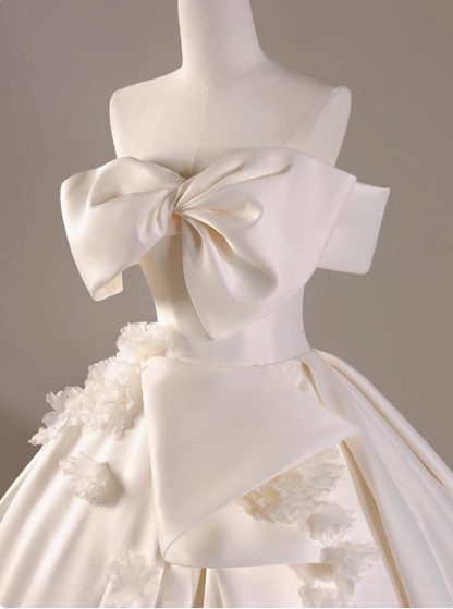 White satin A-line off-shoulder bow simple wedding dress P2498