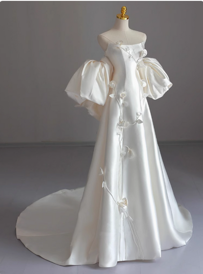 White sleeveless satin tube top elegant light wedding dress P2499