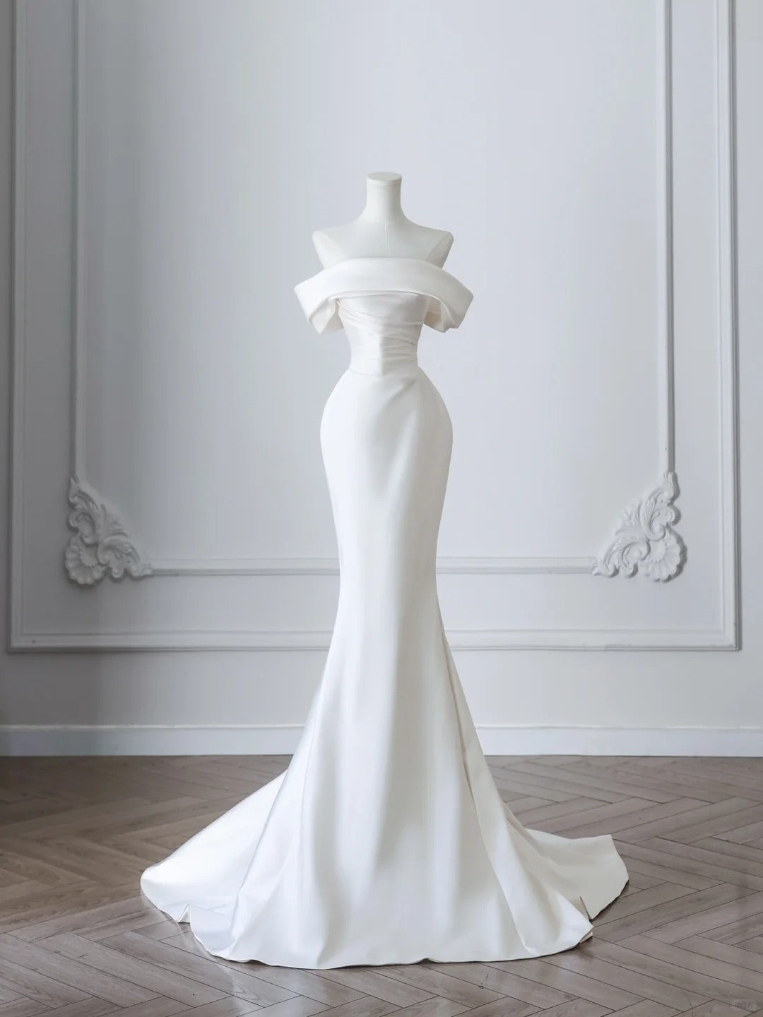 Simple White Mermaid Pleated One Shoulder Wedding Dress with Train P2508