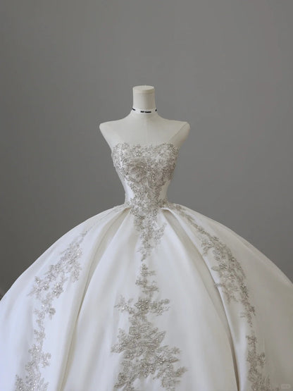 Elegant White Beaded Strapless Satin Floor-Length Wedding Dress P2512