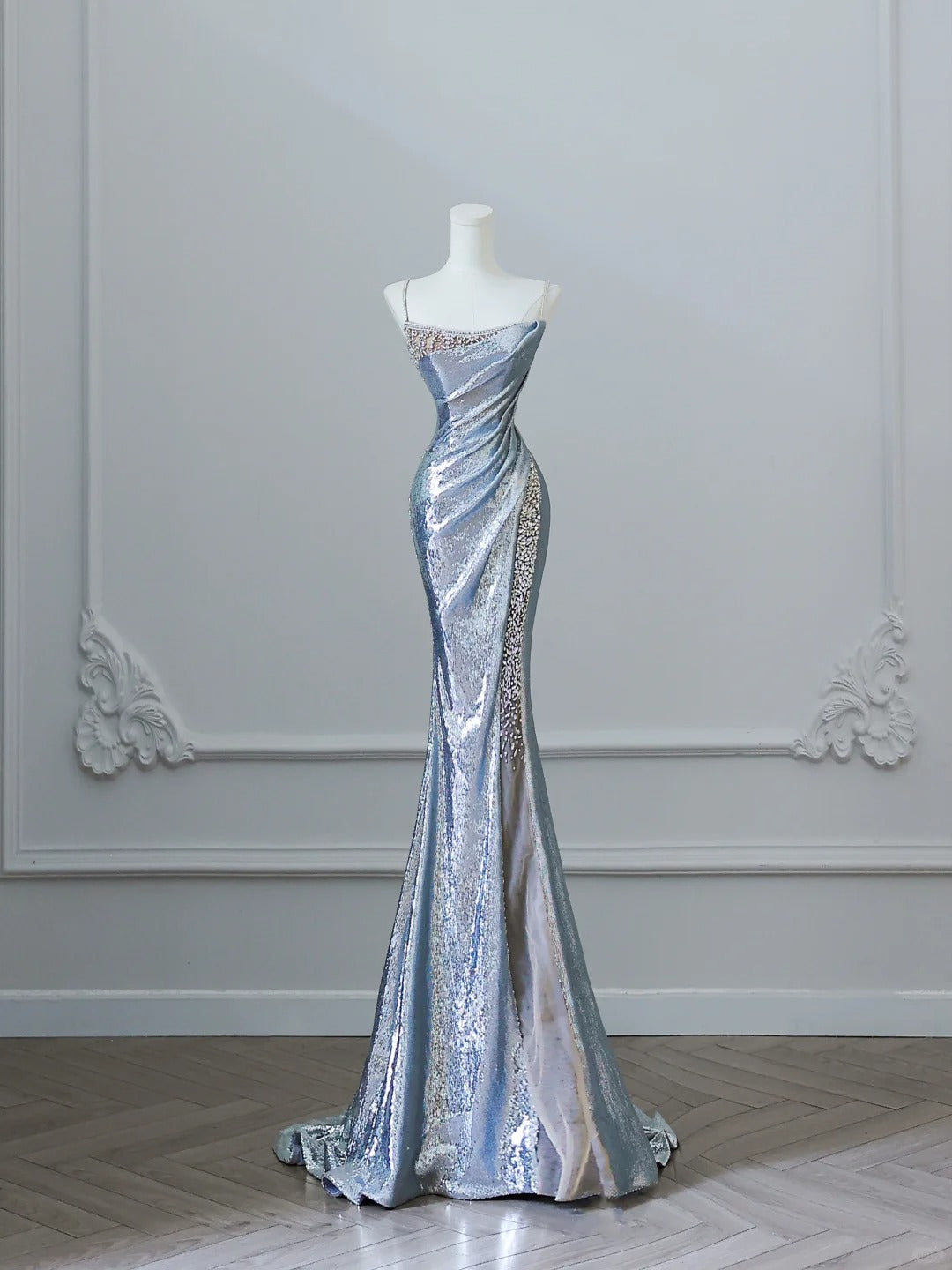 Silver Strap Sequin Mermaid Floor Length Wedding Dress P2514