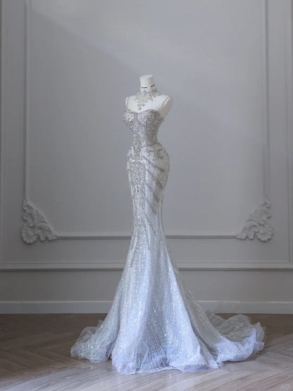 Shiny White Strapless Mermaid Luxury Wedding Dress P2520