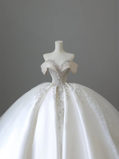 Elegant Sweetheart Neckline Off-the-shoulder Shiny Beaded Satin Floor-length Wedding Dress P2522