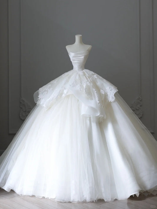 Elegant white off-shoulder lace tulle simple floor-length wedding dress P2523