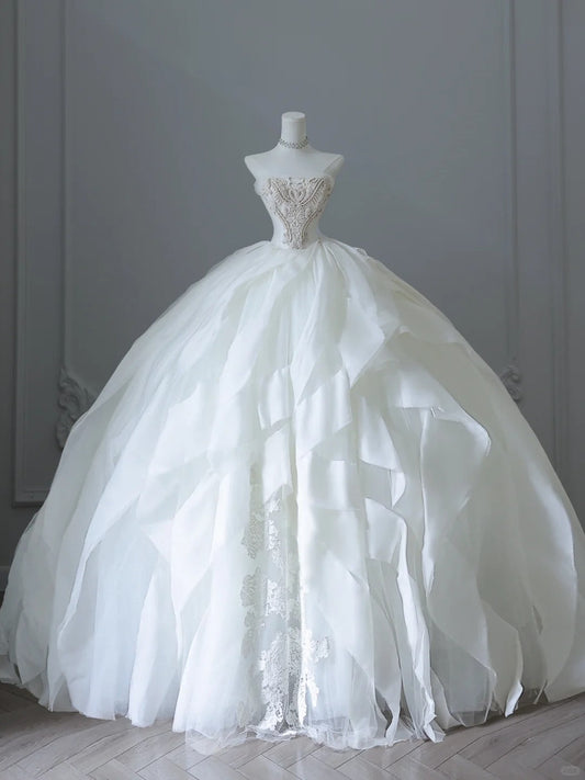 Flowing White Tulle A-Line Floor-Length Wedding Dress P2526
