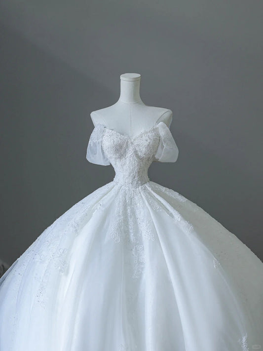Elegant White Lace Off-shoulder Tulle Floor-length Wedding Dress P2527