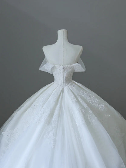 Elegant White Lace Off-shoulder Tulle Floor-length Wedding Dress P2527