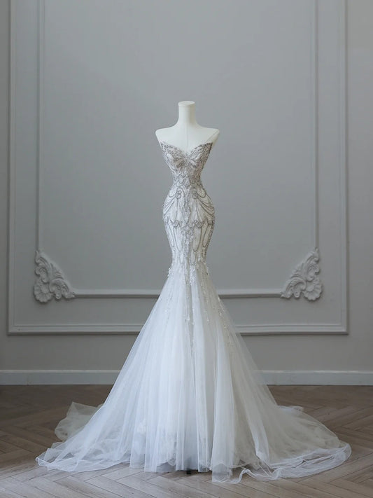 Elegant White Mermaid Off-the-Shoulder Bodycon Beaded Tulle Floor-Length Wedding Dress P2532