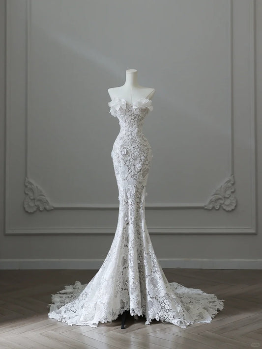 Vintage Lace White Mermaid Floral Wedding Dress P2533