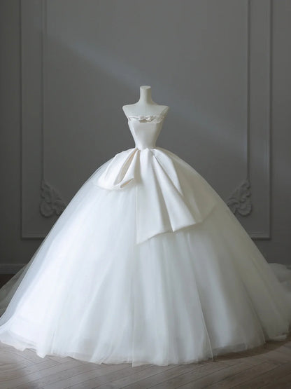 Girly Playful Bow A-line Tulle Satin Floor-length Wedding Dress P2534