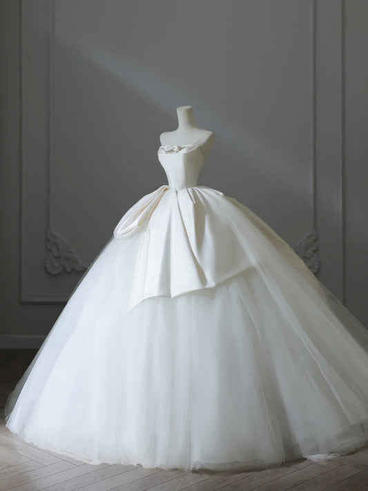 Girly Playful Bow A-line Tulle Satin Floor-length Wedding Dress P2534