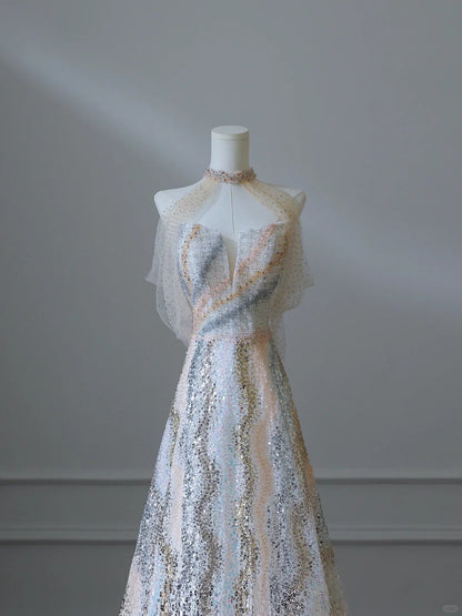 Unique and Elegant Colorblock Shiny Sequin Beaded Off-the-shoulder Floor-length Wedding Dress P2537