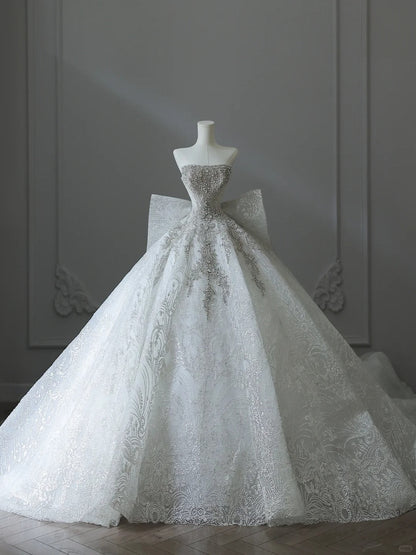 Elegant White Strapless Diamond Bow Floor-Length Wedding Dress P2541