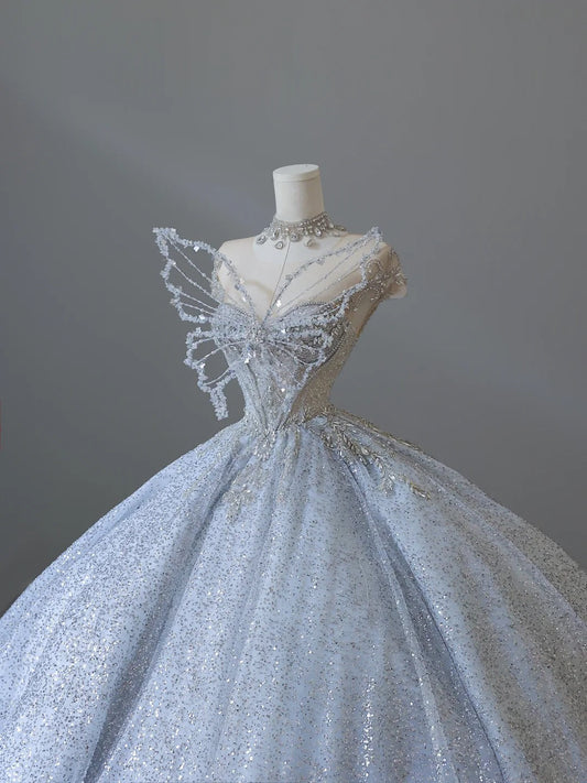 Dreamy Ice Crystal Blue Shiny Bowknot Floor-Length Wedding Dress P2545