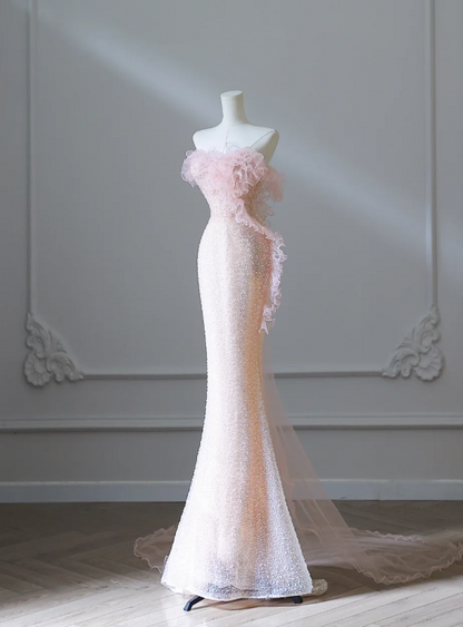 Elegant Pink Mermaid One Shoulder Beaded Prom Dress P2549