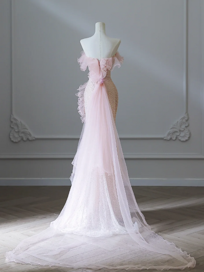 Elegant Pink Mermaid One Shoulder Beaded Prom Dress P2549