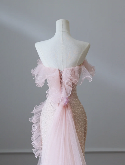 Elegant Pink Mermaid One Shoulder Beaded Prom Dress P2549