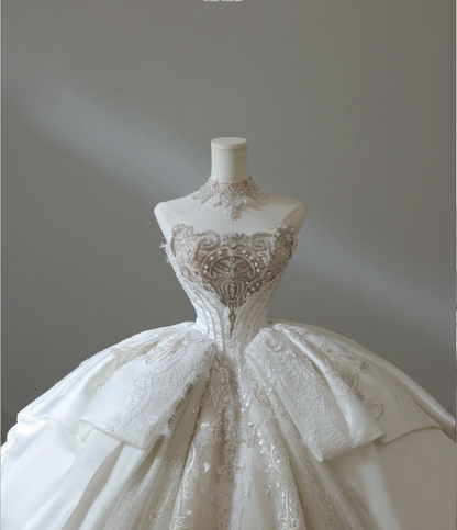 French court retro luxury tube top shiny tulle floor-length wedding dress P2578