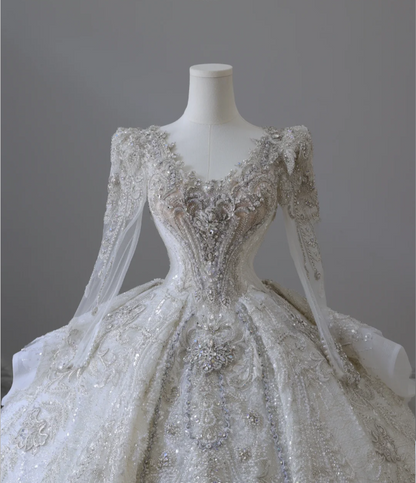 Luxurious beaded long-sleeved sparkling palace retro floor-length wedding dress P2581