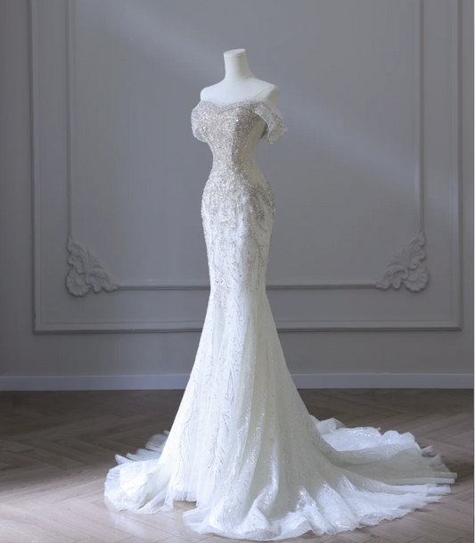 Gentle One Shoulder Shiny Beaded Mermaid Tulle Wedding Dress P2586