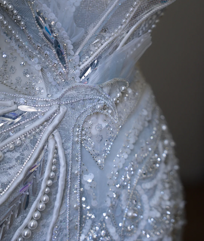 Blue Luxury Sequin Beaded Mermaid Tulle Wedding Dress with Train P2592