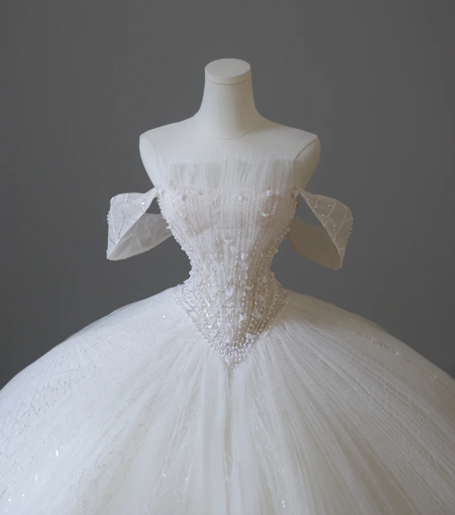 Elegant White Off-the-shoulder Beaded Tulle A-line Floor-length Wedding Dress P2596