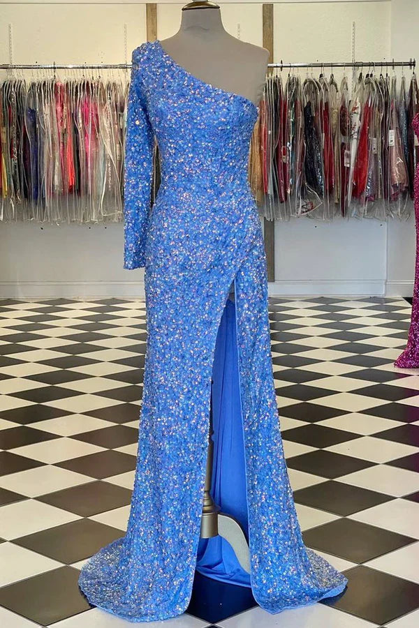 omberprom Elegant One-shoulder Long Sleeve Evening Dress Tiffany Blue Sequins Long Formal Dress