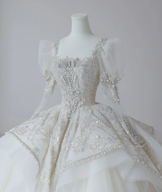 Fantasy French Square Neck Puff Sleeves Shiny Beaded Tulle Floor-Length Wedding Dress P2613