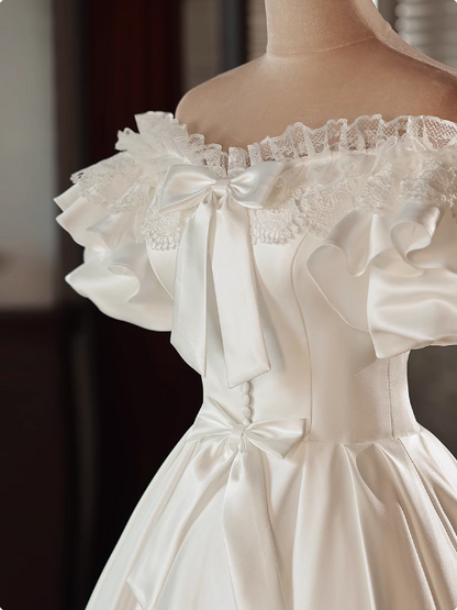 Vintage White Satin Puff Sleeve Bowknot One Shoulder Mid-Length Wedding Dress P2616