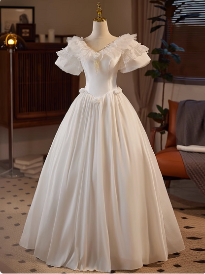 Vintage Satin V-Neck Short Sleeve Lace A-Line Wedding Dress P2619