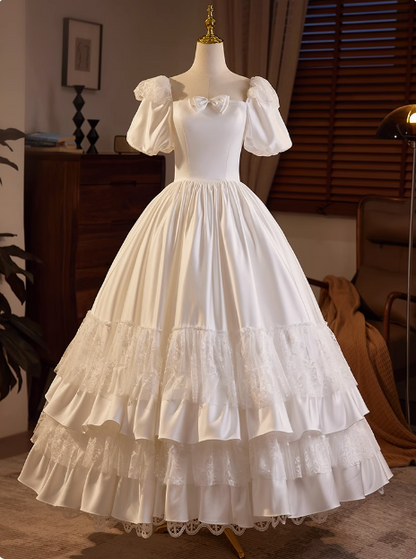 Retro Princess Bow Puff Sleeve Satin Lace Floor Length A-Line Wedding Dress P2633