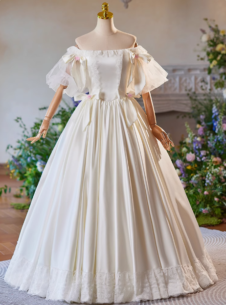 Simple White Bow Off-shoulder Satin Floor-length Wedding Dress P2639