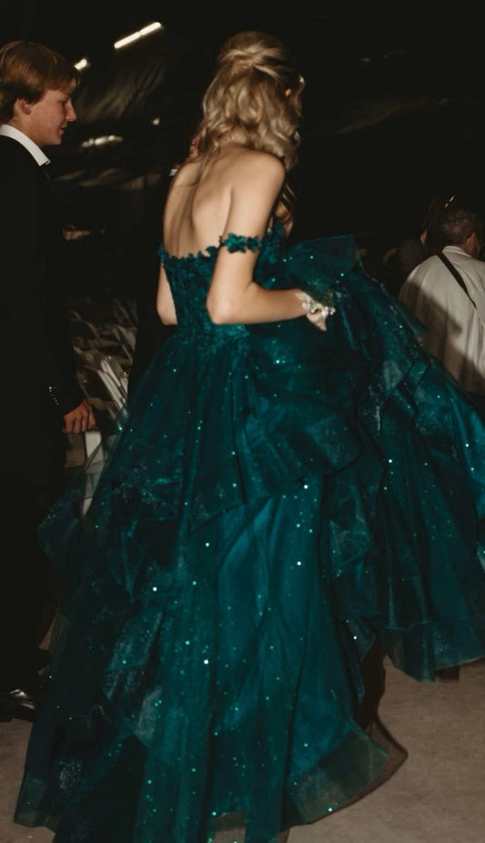Dreamy Dark Green Off-shoulder Layered Tulle Ball Gown Evening Dress cc4966