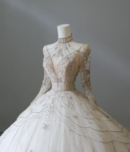 Glittering Rhinestone Long Sleeve Tulle A-Line Floor-Length Wedding Dress P2564
