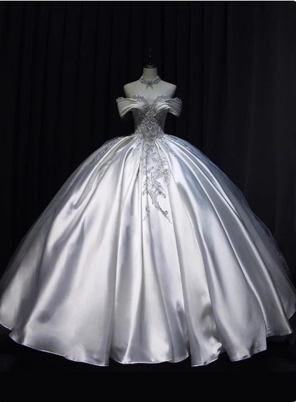 Retro Palace Style Off-shoulder Satin Beaded Floor-length Wedding Dress P2671