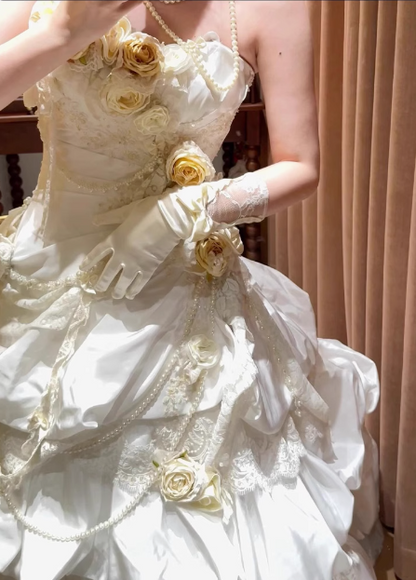 French retro corset 3D floral cake dress wedding gown P2686
