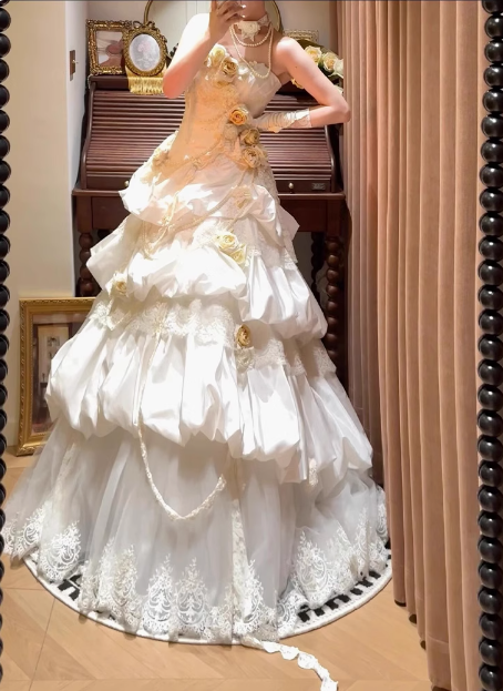 French retro corset 3D floral cake dress wedding gown P2686