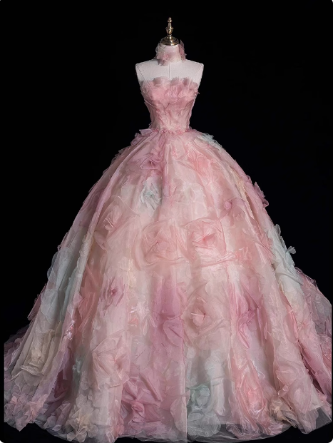 Princess Pink Strapless Floral Tulle Floor-Length Wedding Dress P2753