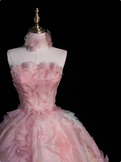 Princess Pink Strapless Floral Tulle Floor-Length Wedding Dress P2753