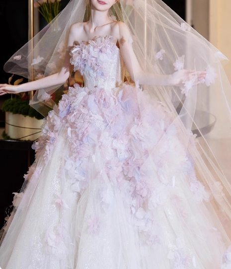 Strapless Pink and Purple Floral Tulle A-Line Floor-Length Wedding Dress P2756