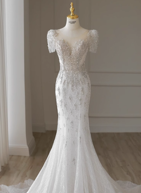 White fishtail French short sleeve wedding dress with back straps and small train P2759