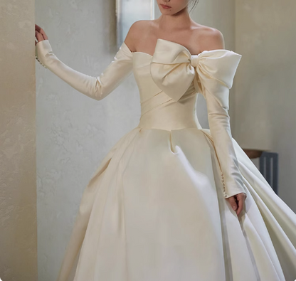 Elegant White One Shoulder Bow Long Sleeve Satin A-Line Wedding Dress P2760
