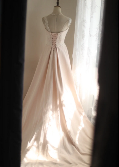 Light pink polka dot lace satin stitching A-line princess wedding dress P2815