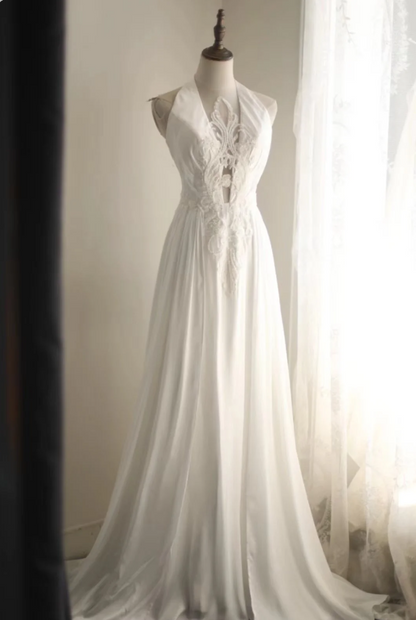 Roman style halterneck satin beaded elegant wedding dress P2817