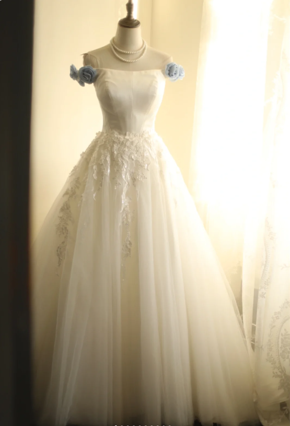 Simple One Shoulder Satin Mesh Splicing A-Line Floor-Length Wedding Dress P2827