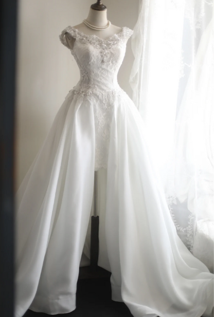 Retro short front and long back one shoulder beaded satin princess wedding dress P2828