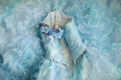 Vintage Heavy Blue Rose Beaded Layered Wood Ear Edge Puffy Princess Wedding Dress P2834