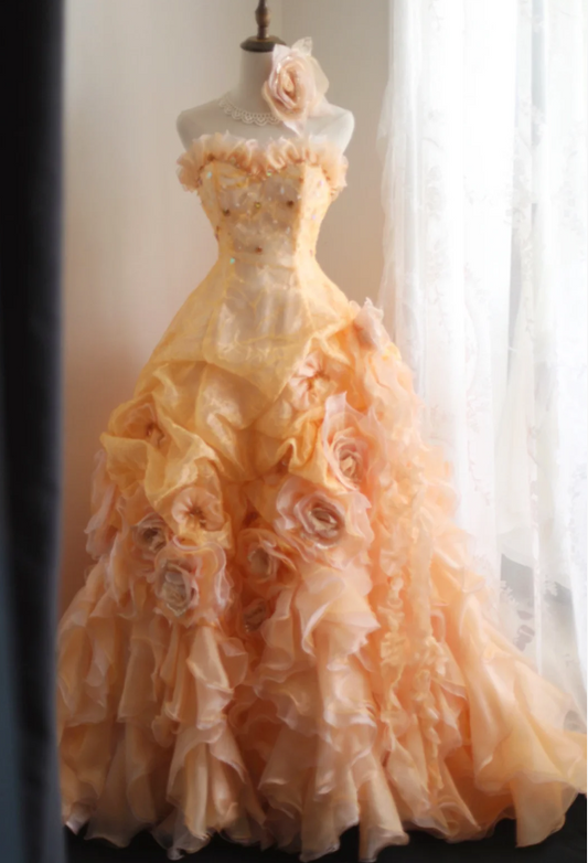Chic orange heart-shaped neckline handmade flower beading irregular layered skirt A-line wedding dress P2841
